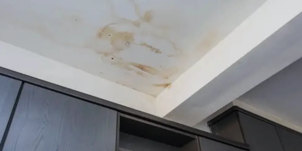 Water-stained drywall ceiling with a brown ring from a leak above