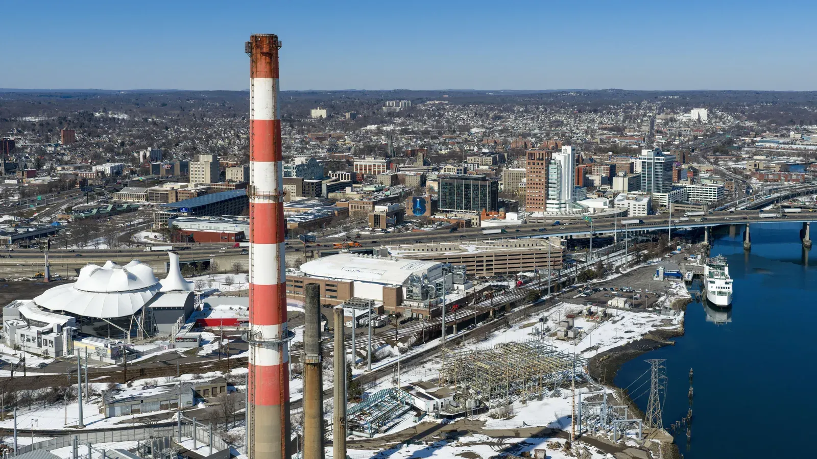 The downtown Bridgeport skyline along the harbor waterfront