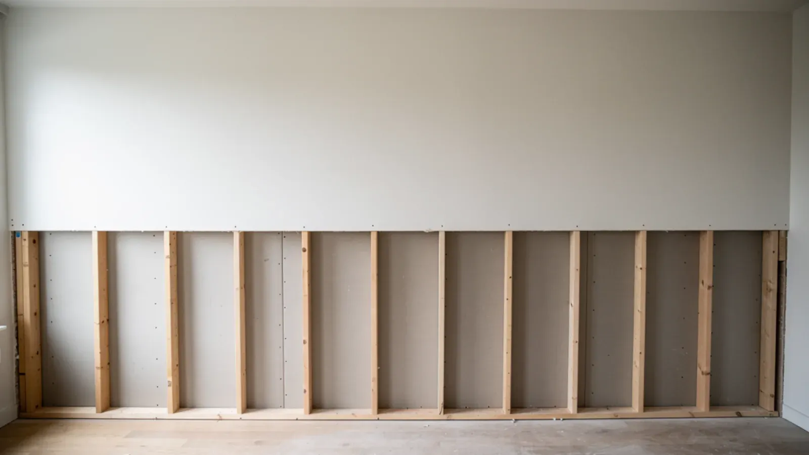 Interior wall mid-demolition with the lower row of drywall removed, exposing bare wood studs and the back of the opposite wall