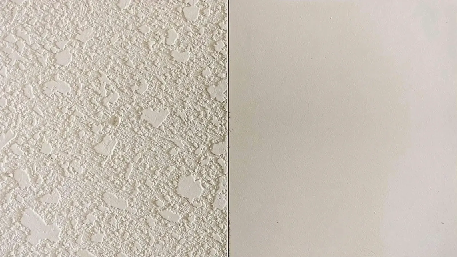 A smooth flat wall finish meeting a heavy knockdown texture along a straight vertical line