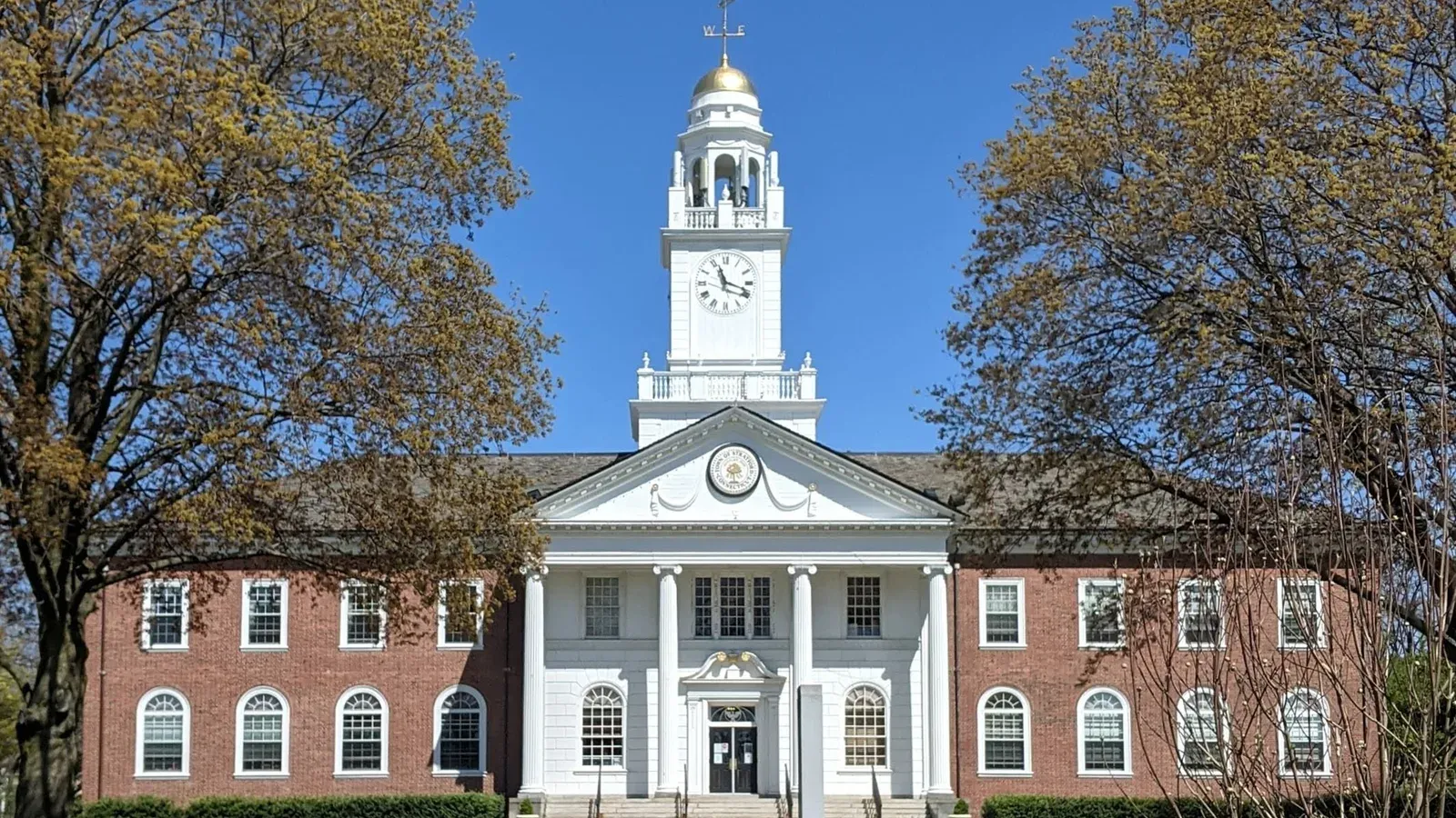 Stratford Town Hall, a brick Georgian building with a gold-domed clock tower
