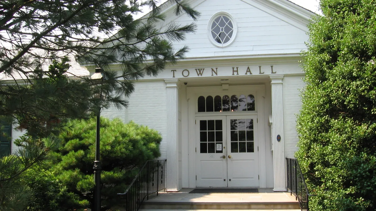 Weston Town Hall, a white clapboard Greek Revival building